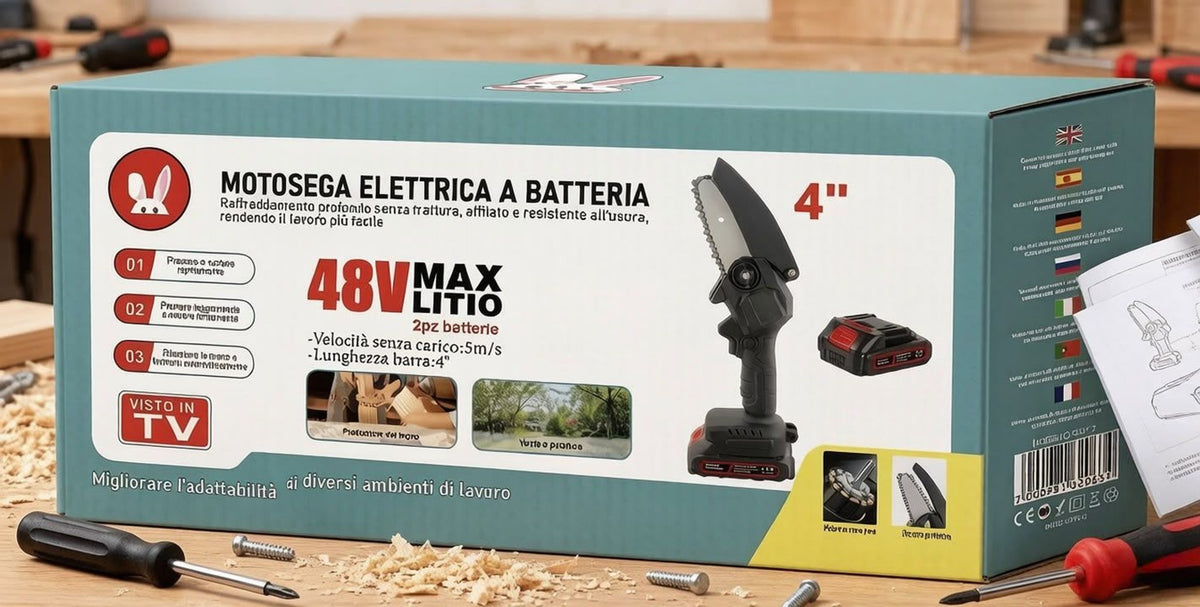 Mini fierăstrău cu lanț 48 V, 4", cu 2 acumulatori