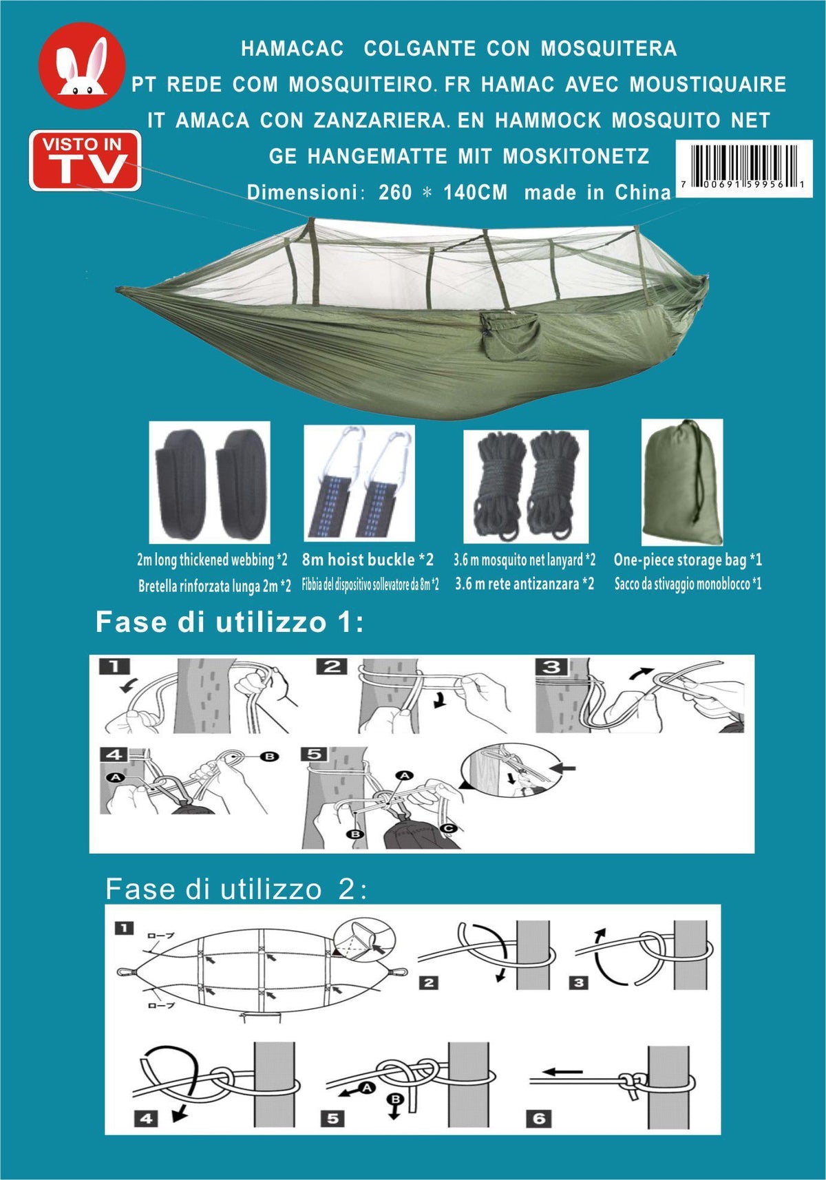 Hamac de camping cu plasă de țânțari (260 x 140 cm)