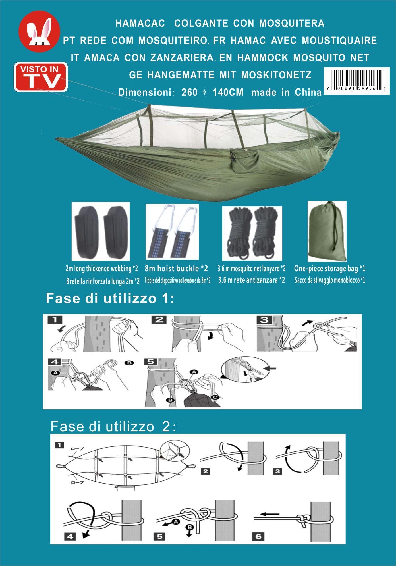 Hamac de camping cu plasă de țânțari (260 x 140 cm)