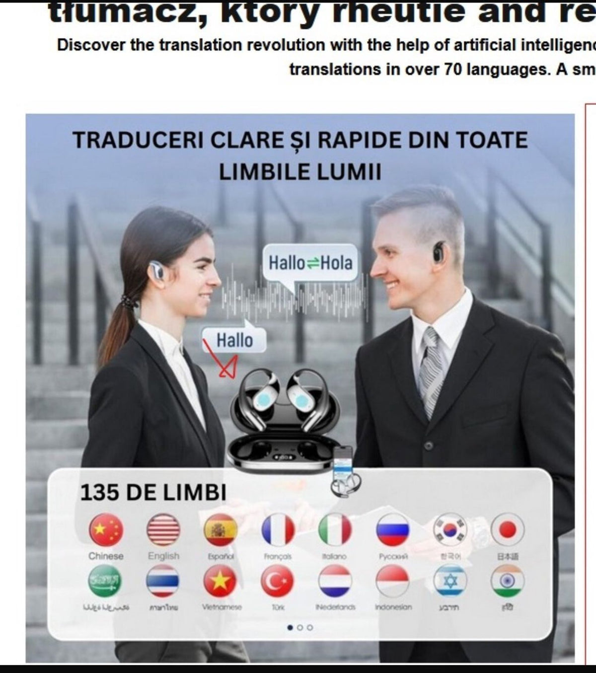 Căști cu traducere AI și carcasă de încărcare