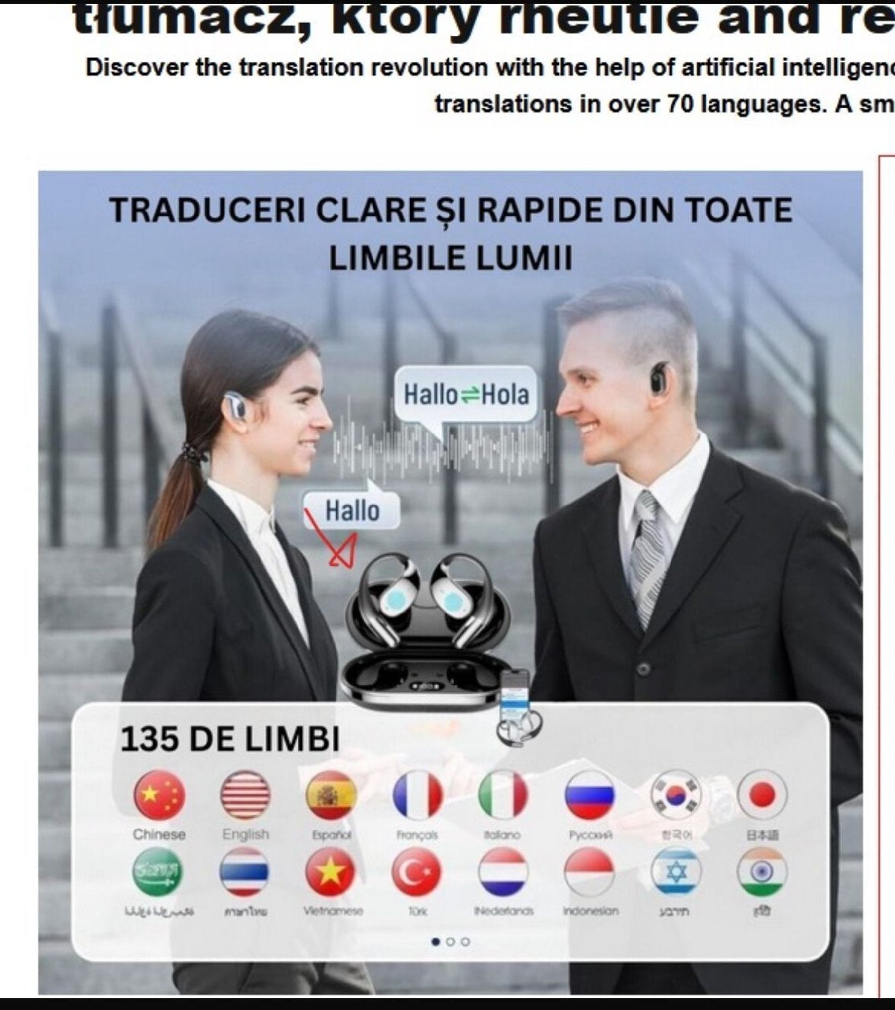 Căști cu traducere AI și carcasă de încărcare