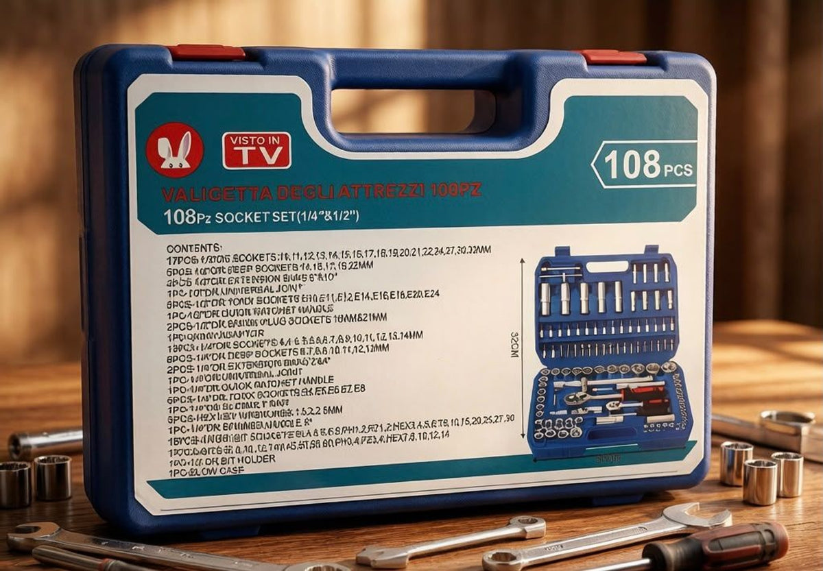 Set de chei tubulare 108 piese cu clichete și valiză (1/4" + 1/2")