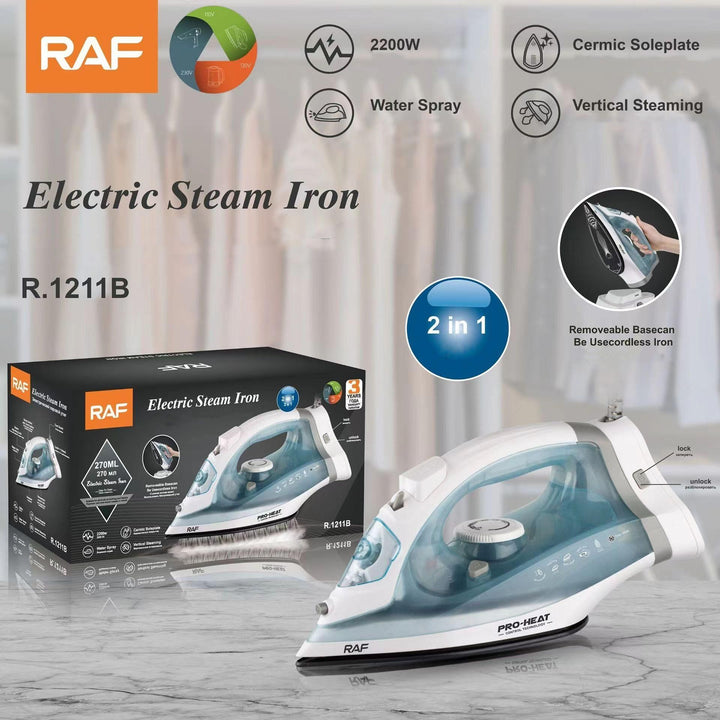 Fier de călcat cu abur RAF 2200 W, fără fir și cu fir, 2 în 1