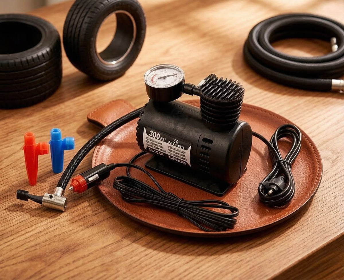 Mini compresor auto 12 V pentru anvelope, cu manometru
