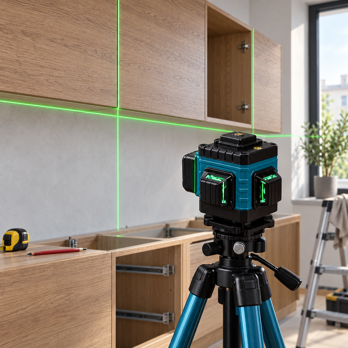Nivelă laser 3D cu fascicul verde folosită pentru alinierea precisă a mobilierului