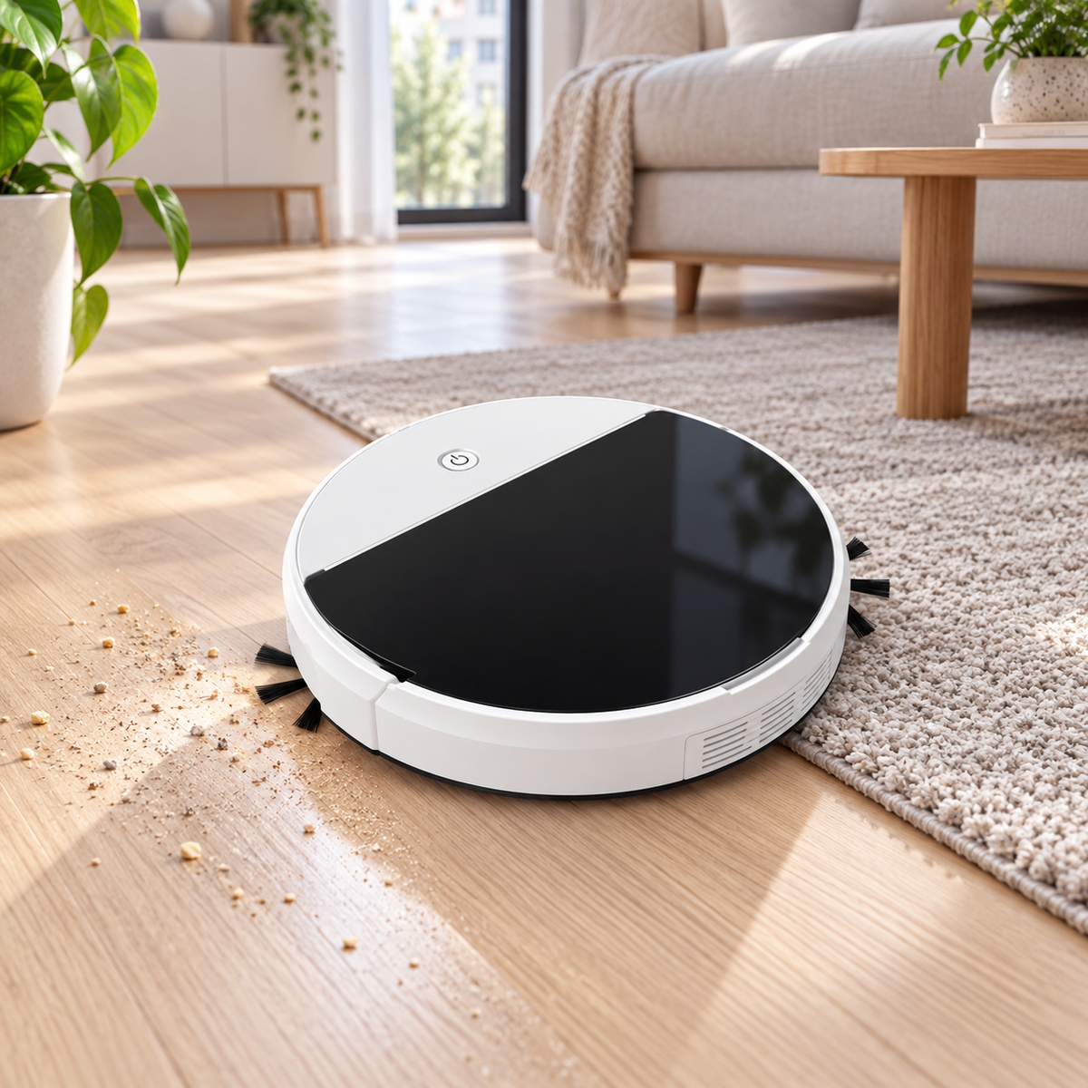 Aspirator robot cu mop curățând o pardoseală din lemn