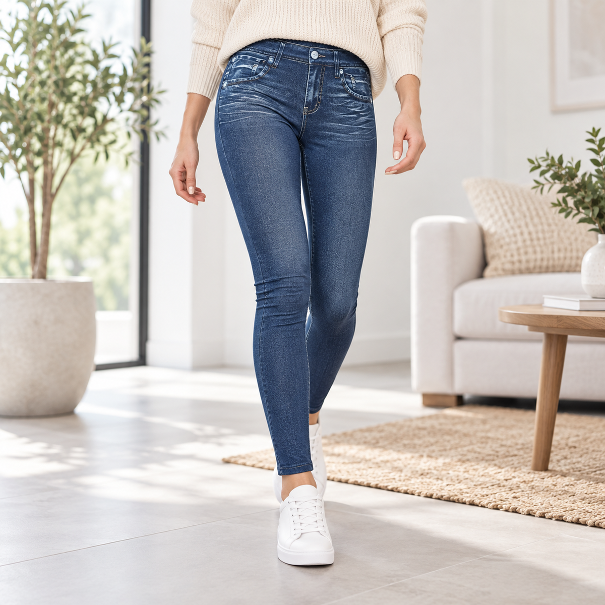 Jeggings elastici albaștri într-o ținută de zi