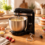 Mixer vertical negru cu bol din inox în timpul utilizării