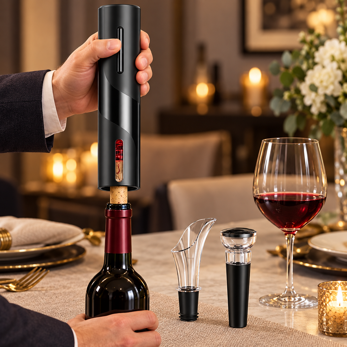 Tirbușon electric folosit pentru deschiderea unei sticle de vin