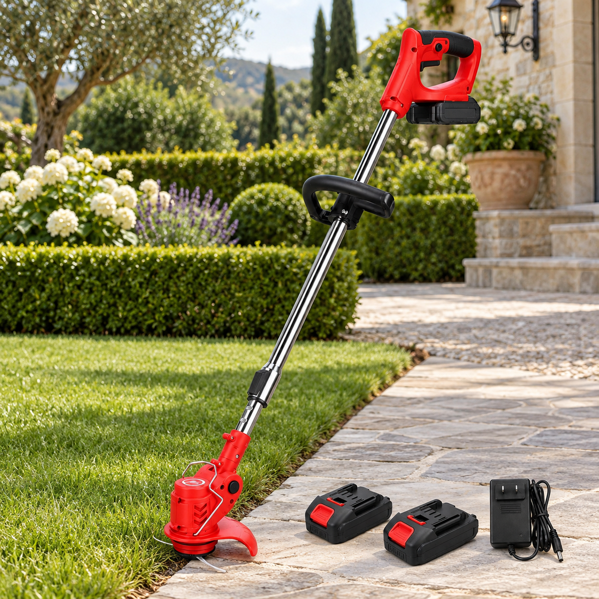 Trimmer cu acumulator și două baterii lângă gazonul îngrijit