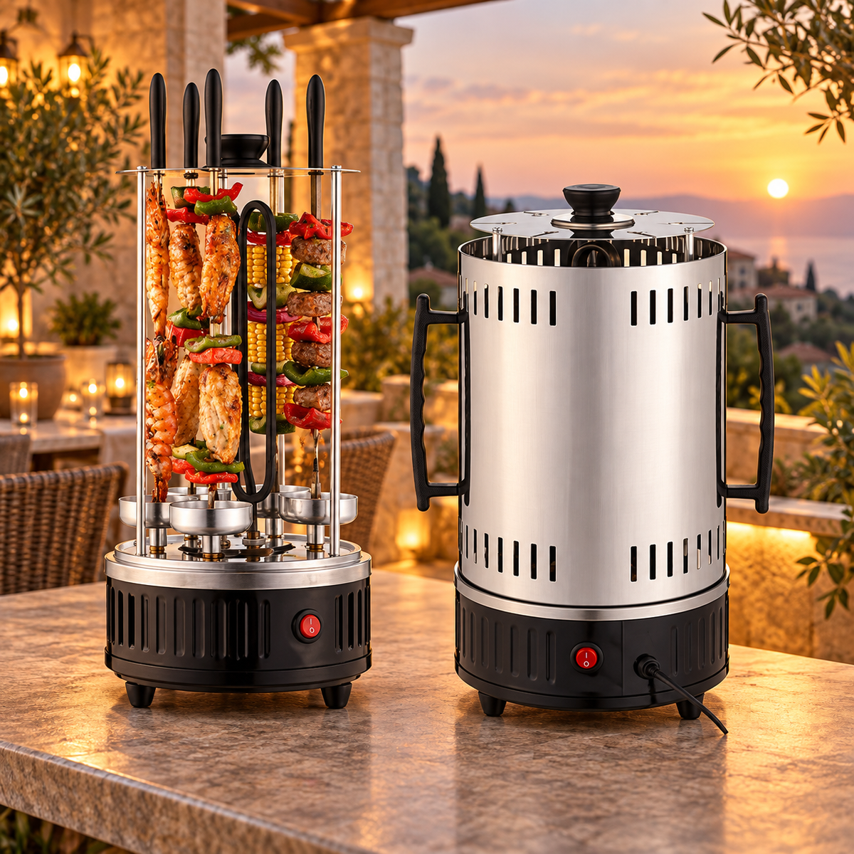Grătar electric vertical cu frigărui pregătite pe terasă