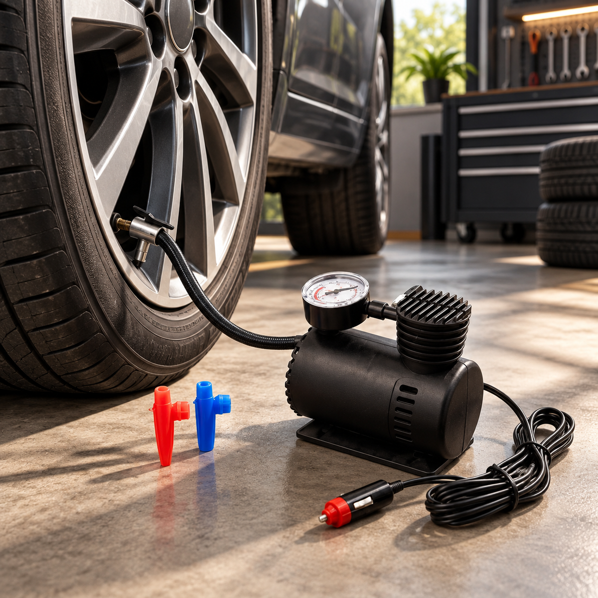 Compresor auto portabil de 12 V folosit la umflarea anvelopei