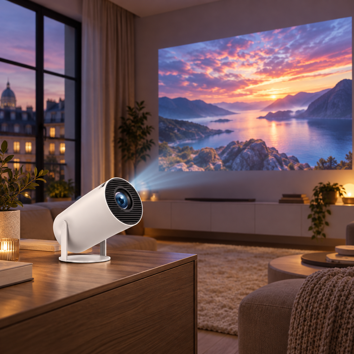 Mini proiector portabil folosit pentru vizionare acasă în living