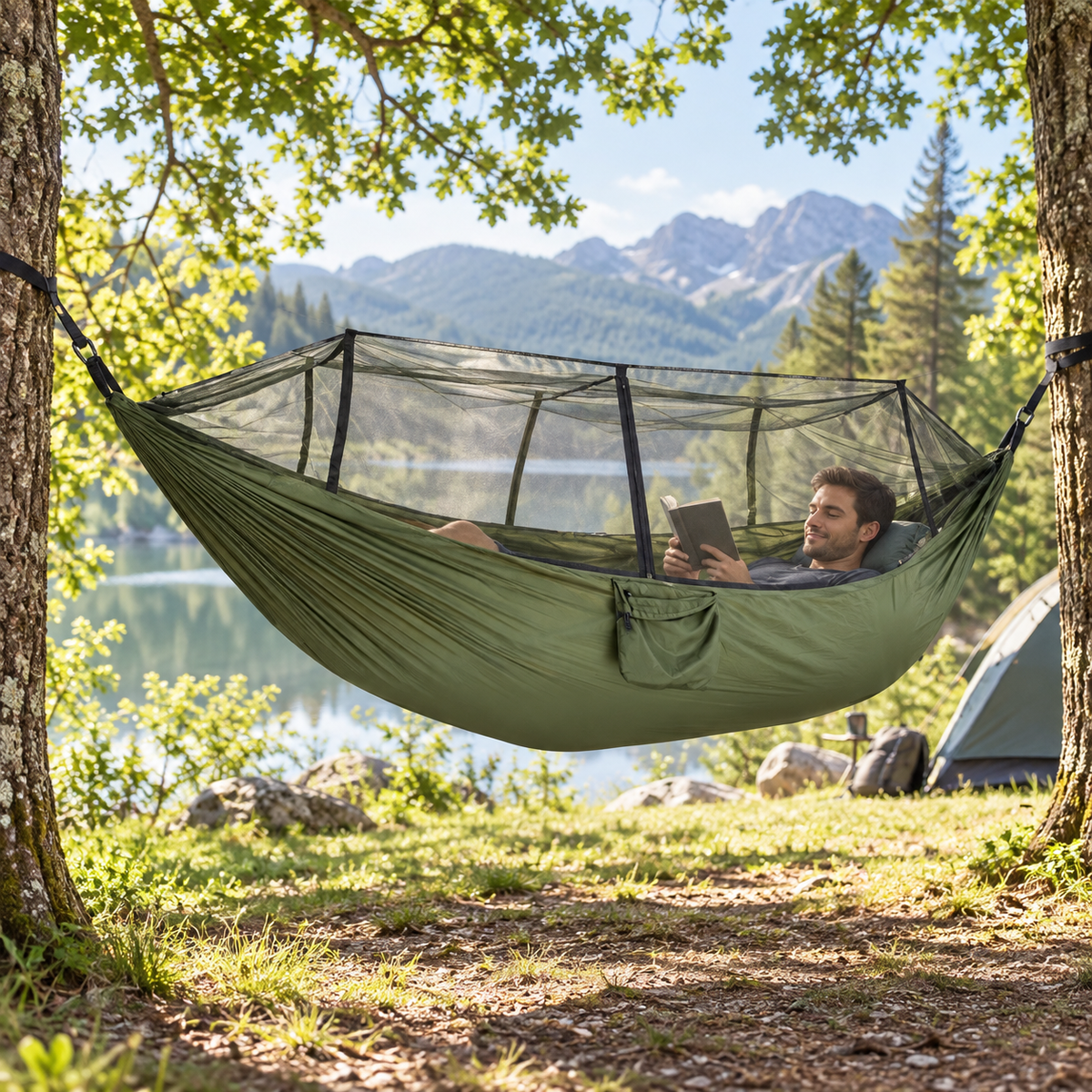 Hamac de camping cu plasă de țânțari montat între copaci