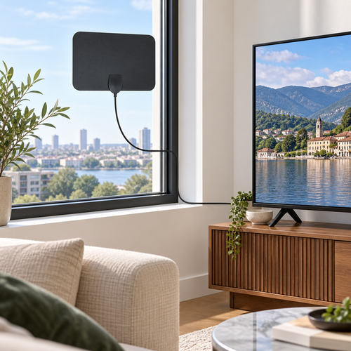 Antenă TV digitală de interior instalată pe fereastră