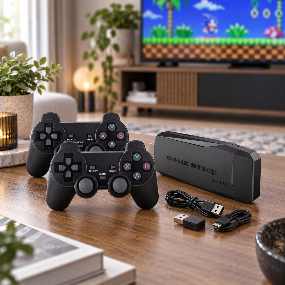 Consolă retro Game Stick Lite cu două controlere în living