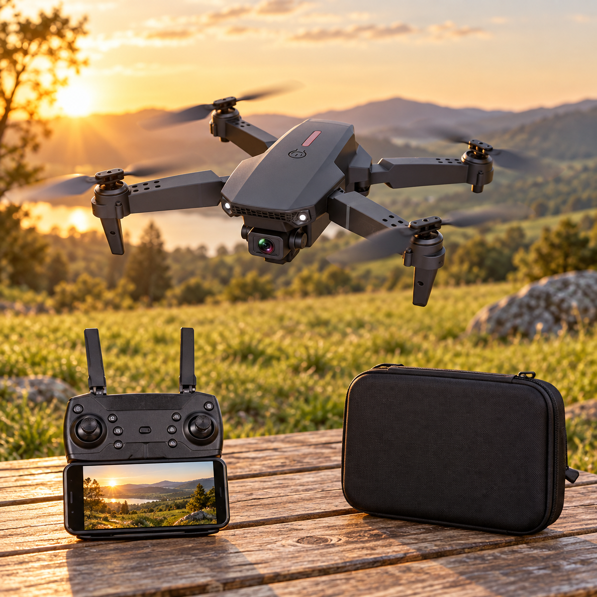 Dronă pliabilă E88 Pro cu controler și husă în aer liber