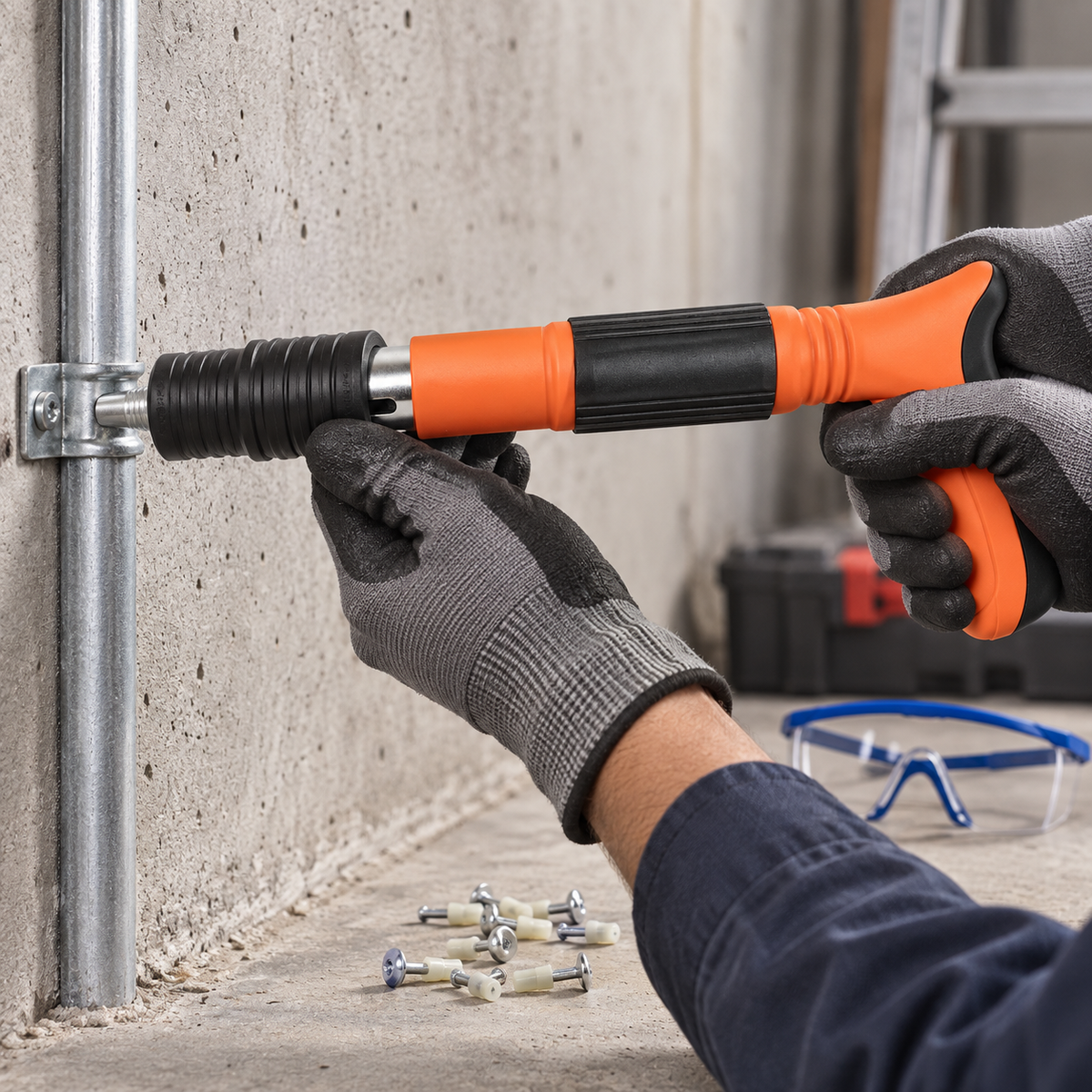 Pistol manual pentru cuie folosit la fixarea în beton